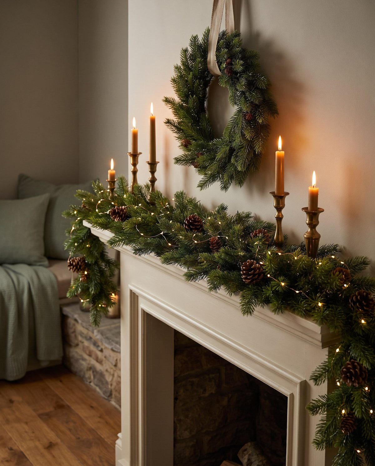 Holiday mantel with pine garland, wreath and candles