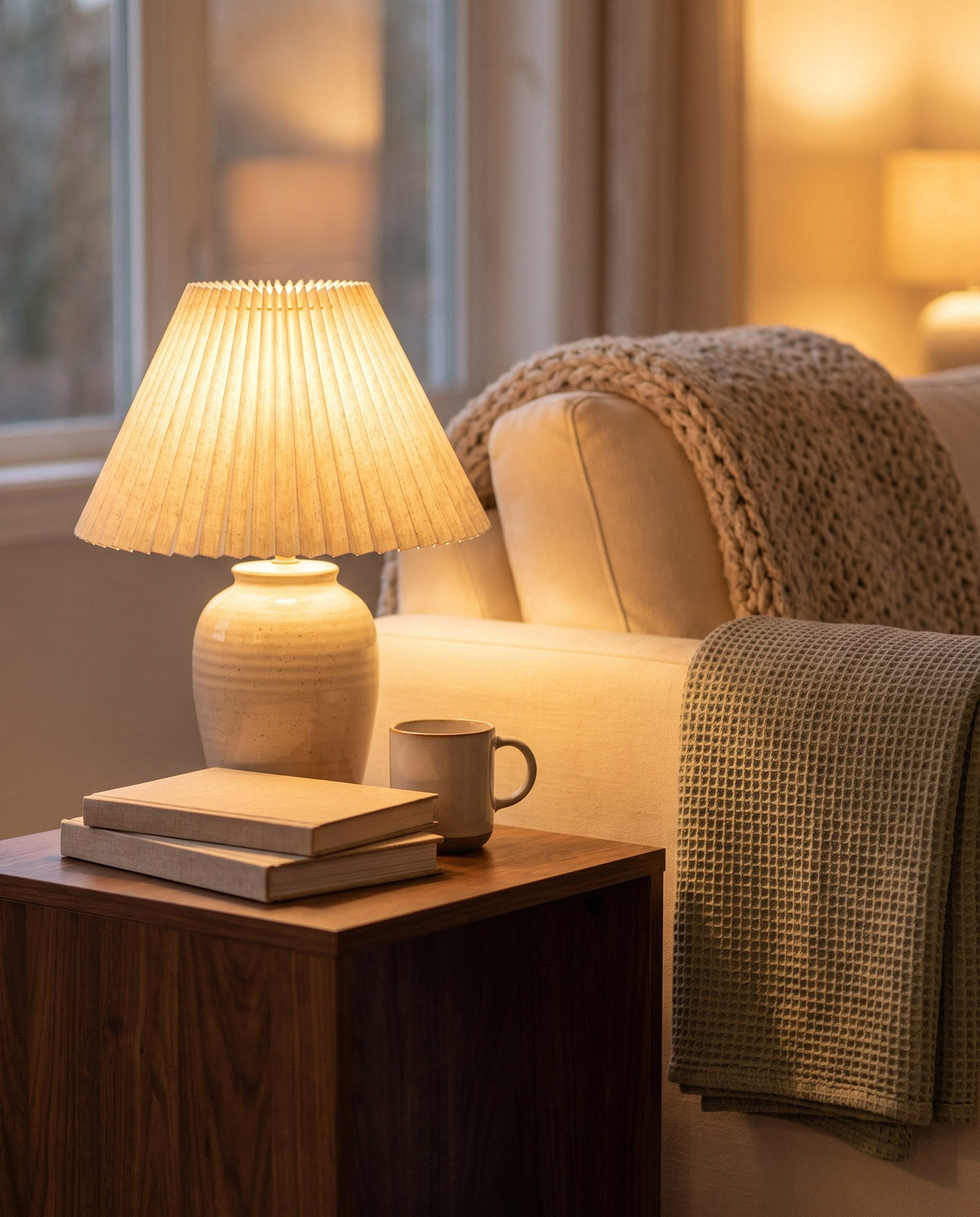 Ceramic table lamp glowing beside a sofa with knit throws
