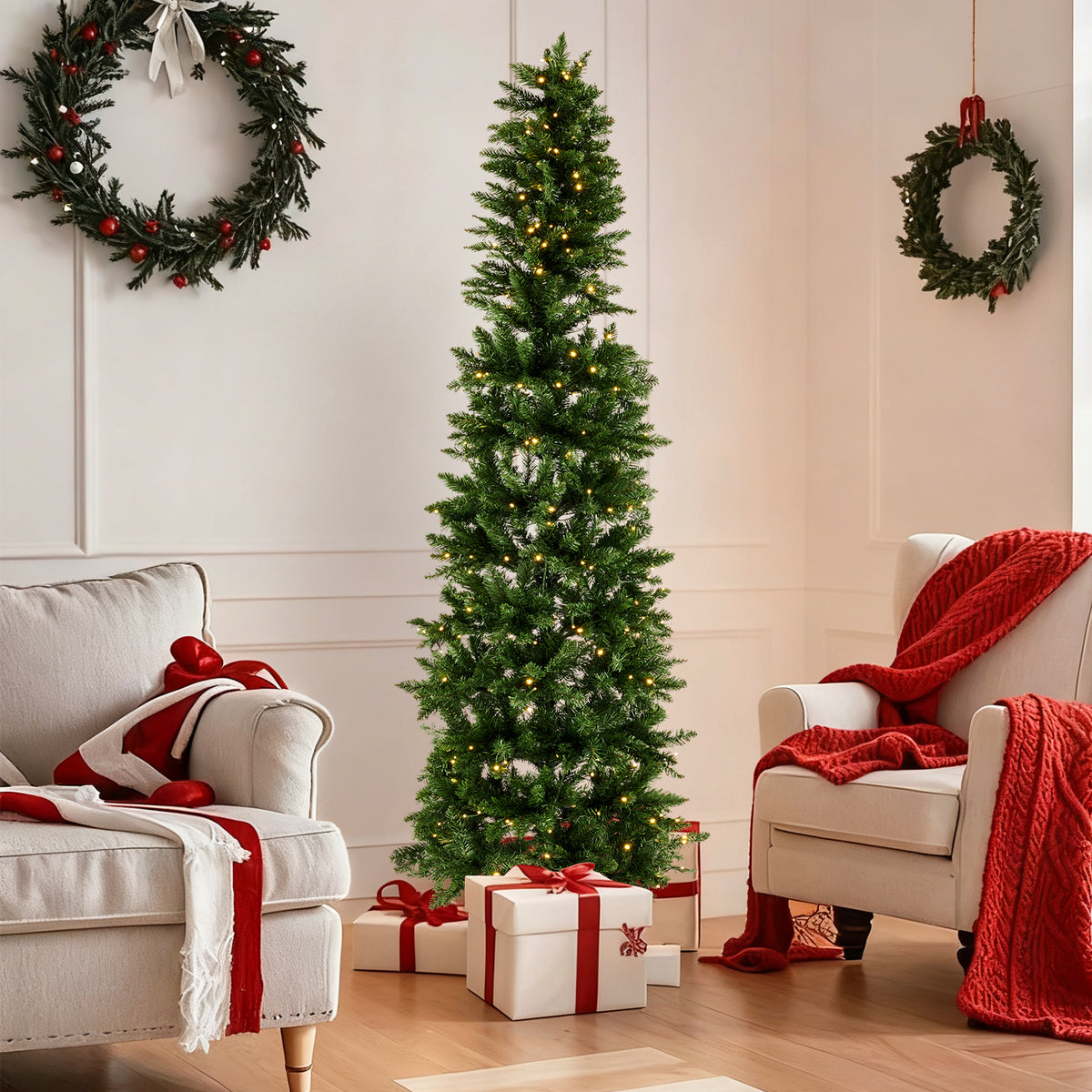 Pre-lit slim green pencil Christmas tree in a living room, image 2 of 5