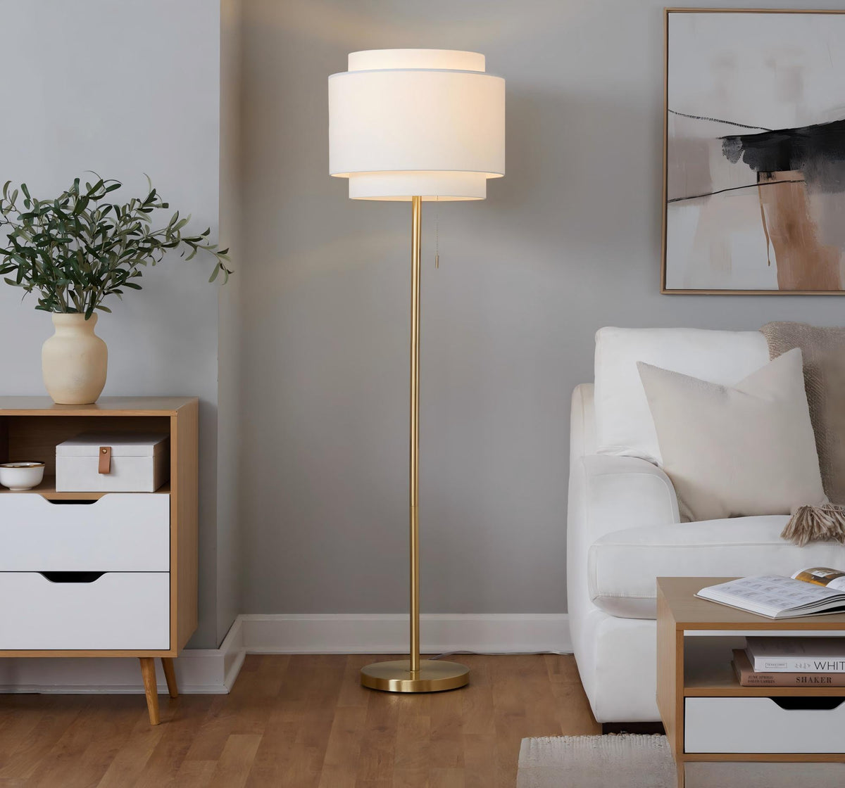 Gold floor lamp with tiered linen shade, image 2 of 6