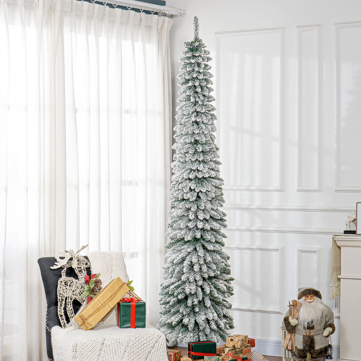 Snow-flocked slim pencil Christmas tree, 8 ft, image 2 of 4