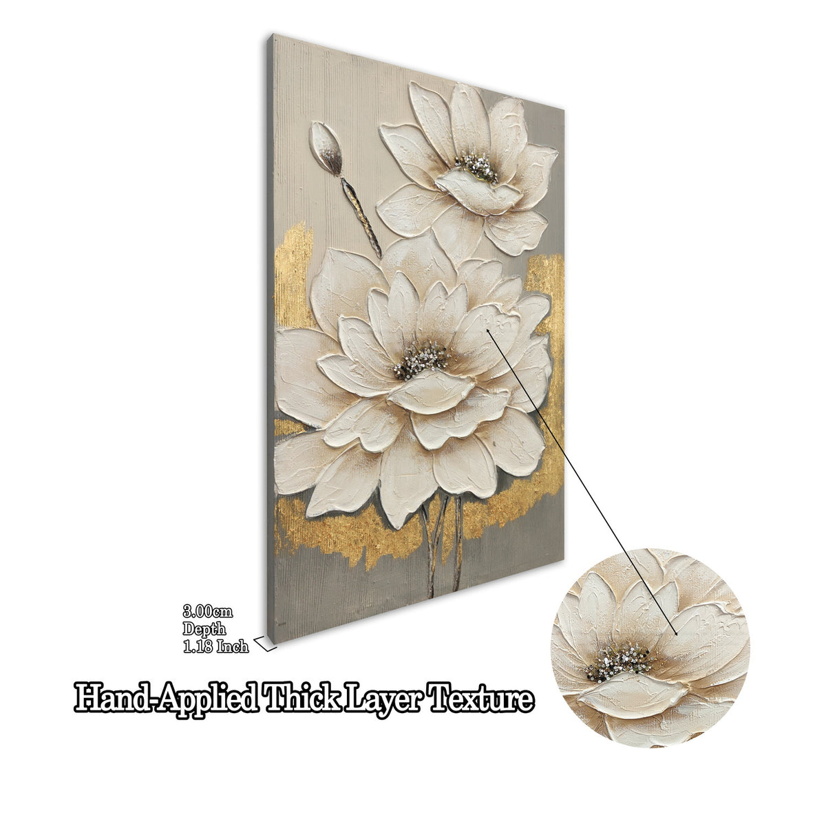 White lotus textured canvas wall art with gold accents, image 5 of 5