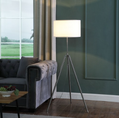 Adjustable silver tripod floor lamp with white drum shade, image 2 of 3