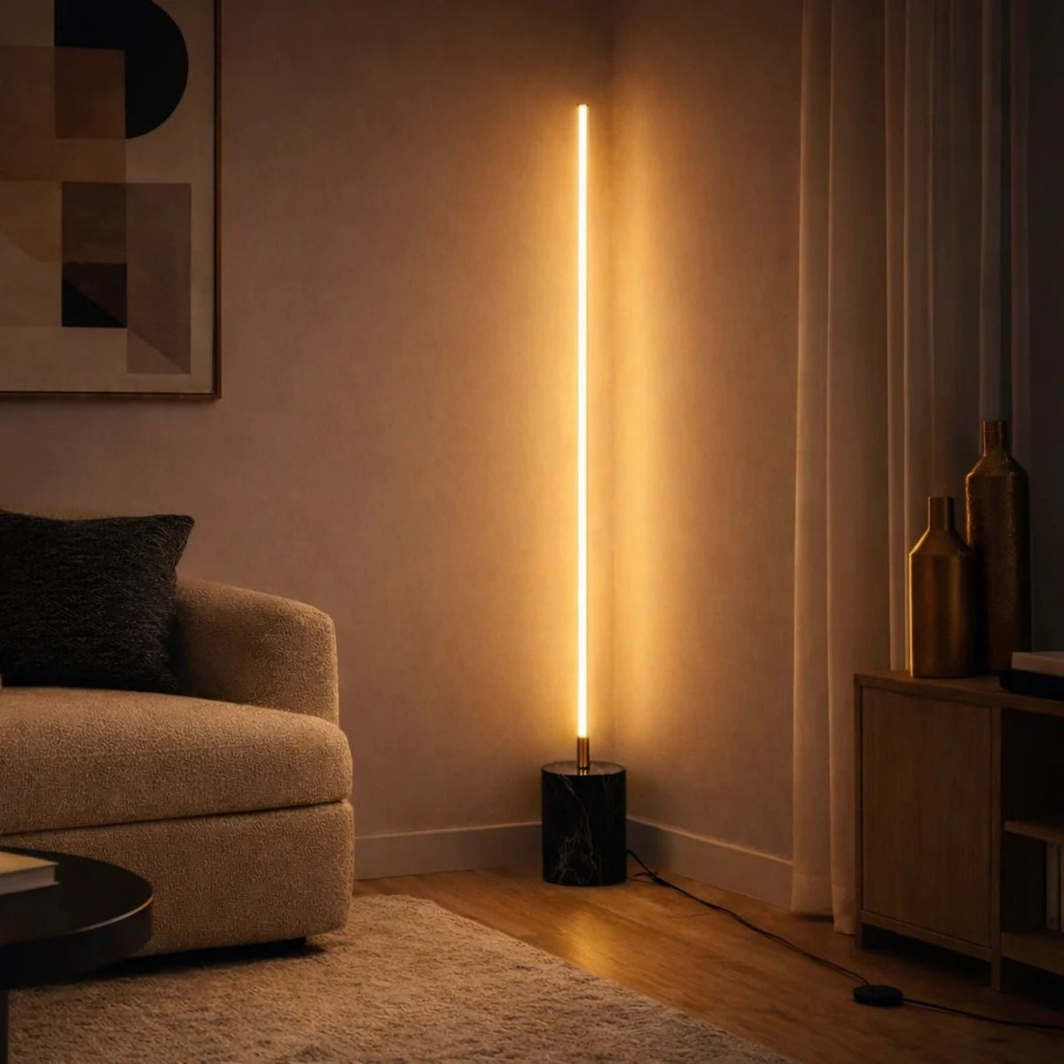 Brass LED light bar floor lamp in a living room corner, image 1 of 4