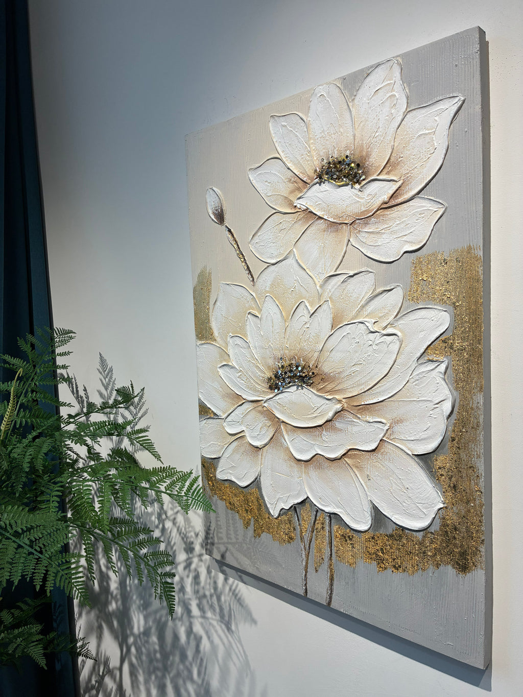 White lotus textured canvas wall art with gold accents, image 1 of 5