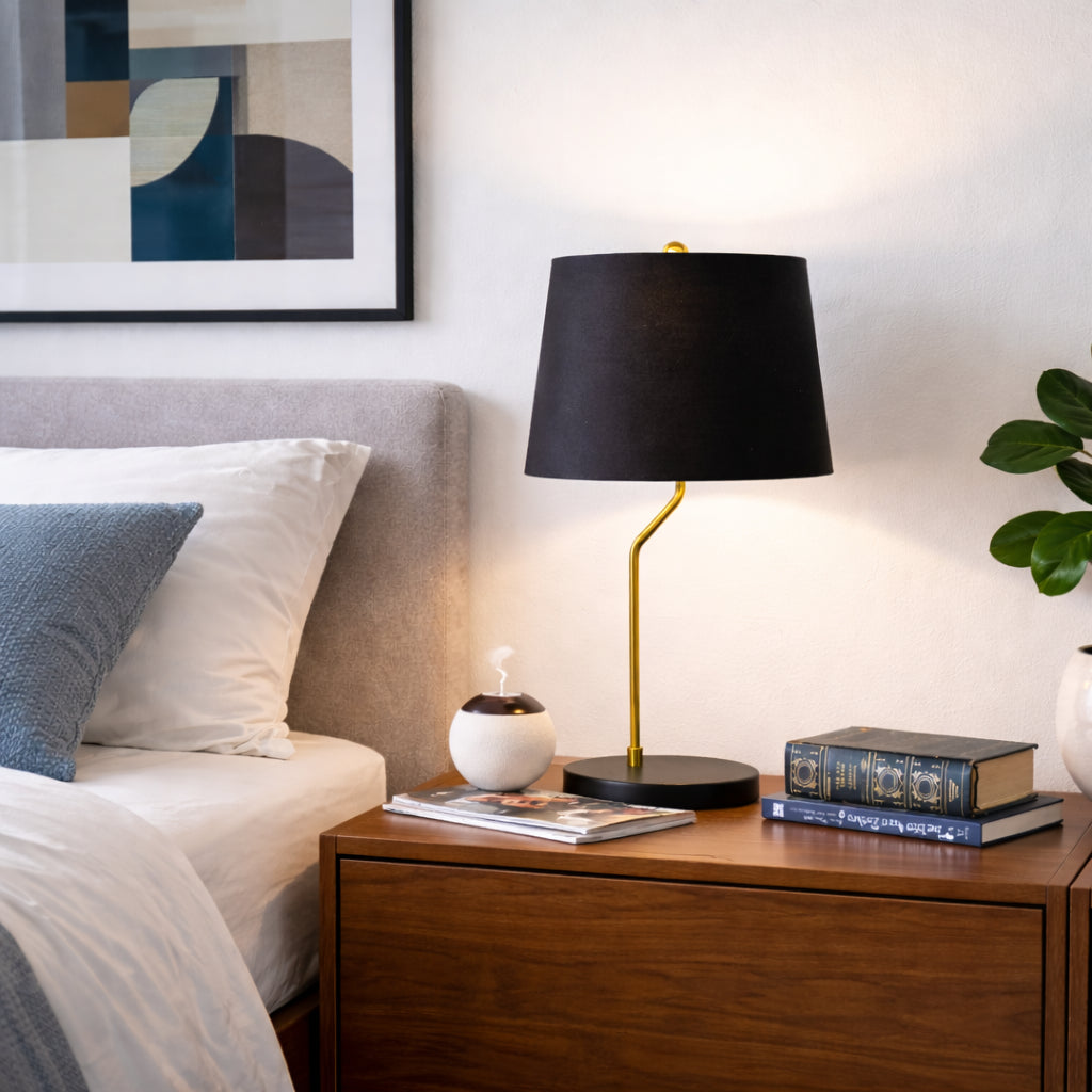 Black drum table lamp with gold-lined shade, image 4 of 5