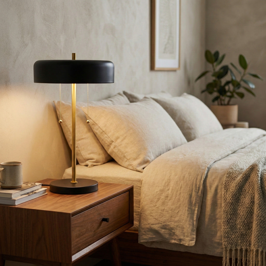 Black drum table lamp with brass stem and pull chains, image 5 of 5