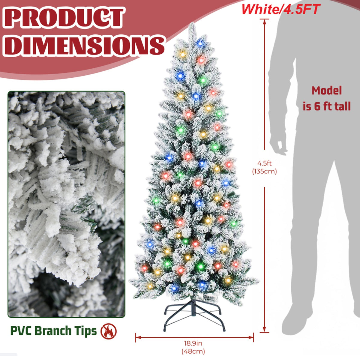 4.5 ft pre-lit snow-flocked pencil Christmas tree