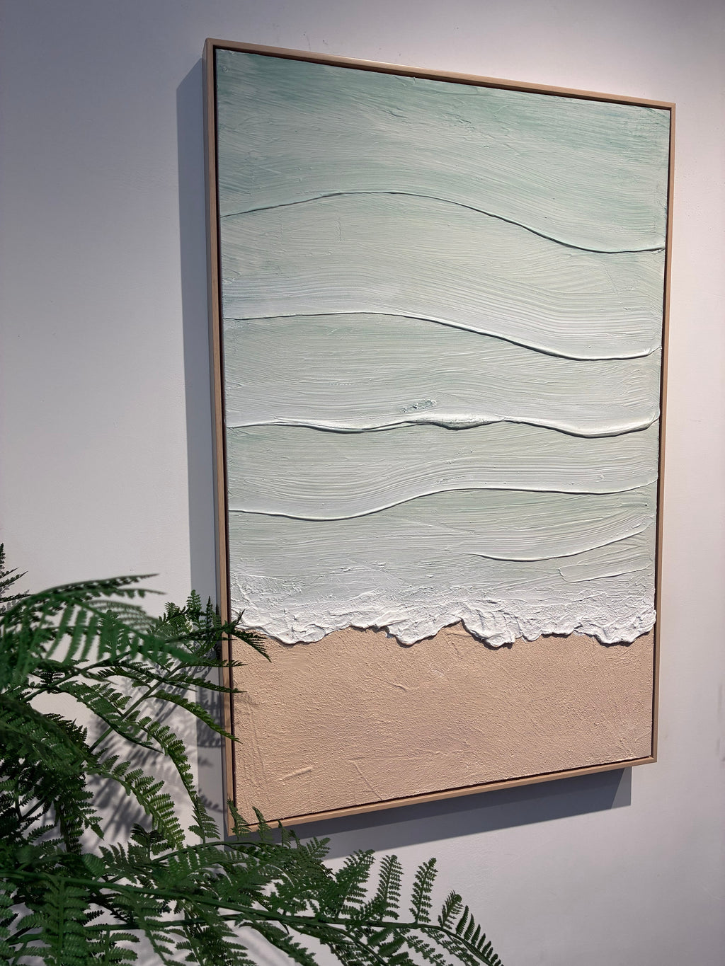 Textured coastal canvas art with mint sea and beige beach, image 4 of 5