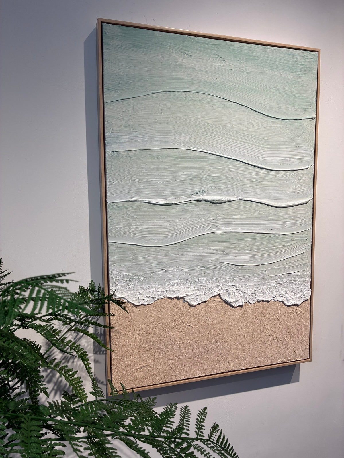 Textured coastal canvas art with mint sea and beige beach, image 4 of 5