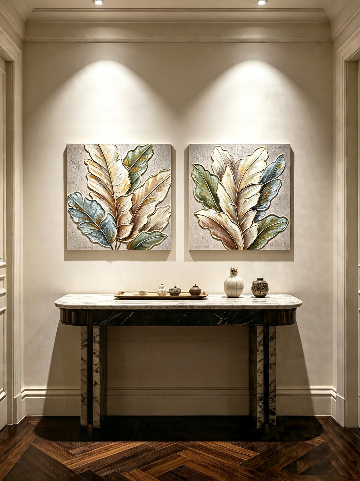 Set of 2 textured leaf canvas panels, image 2 of 5