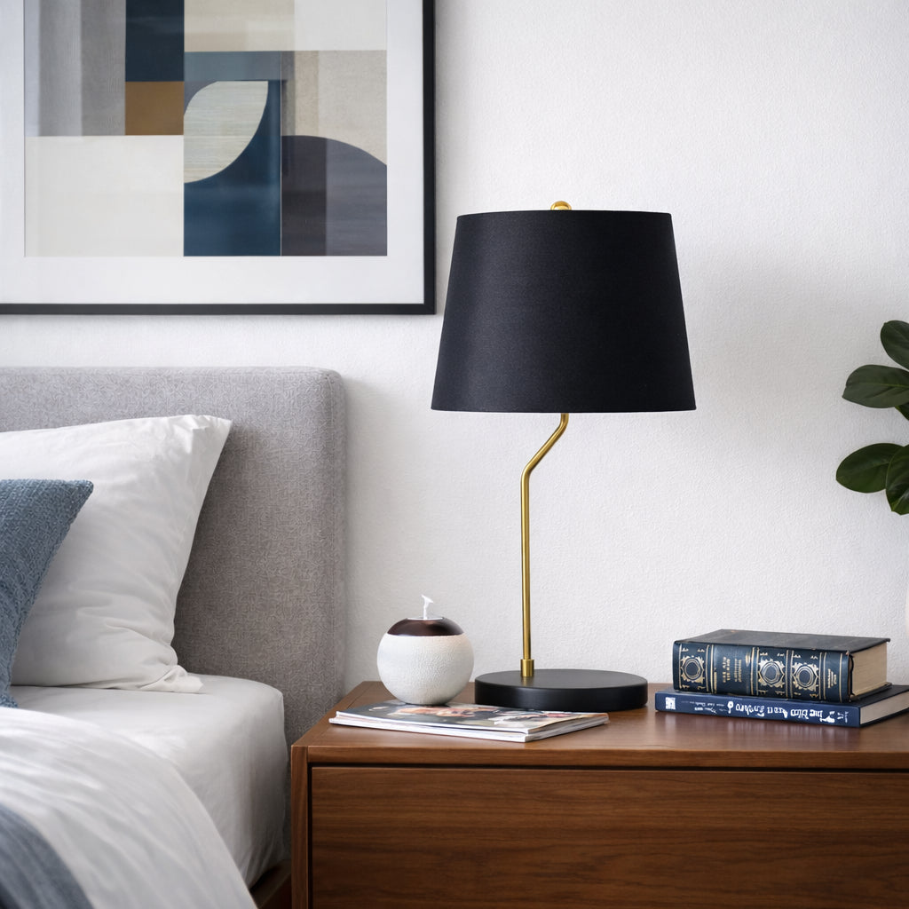 Black drum table lamp with gold-lined shade, image 5 of 5