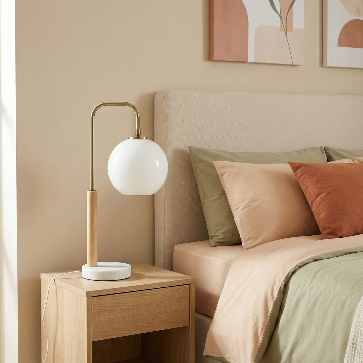 White globe table lamp with wood stem and marble base, image 4 of 5