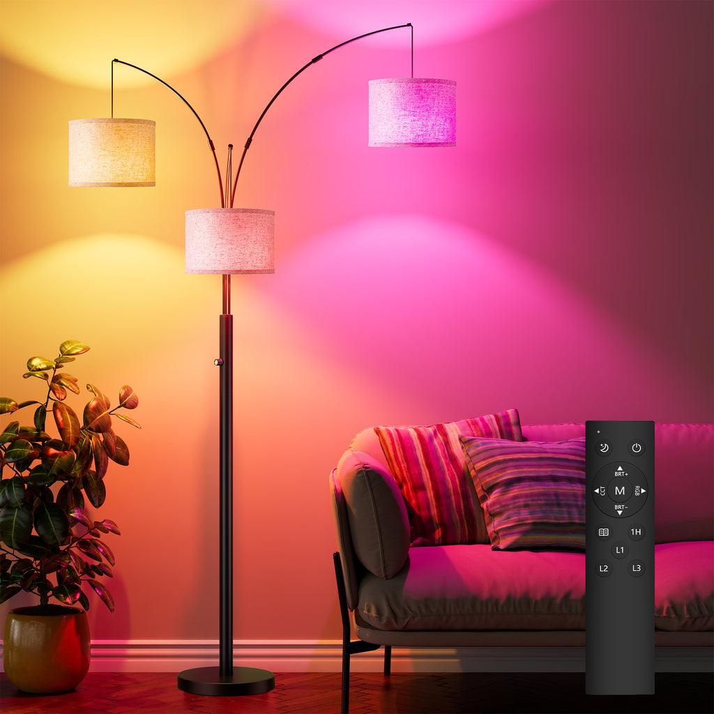 Black three-arm arc floor lamp with drum shades, image 4 of 4