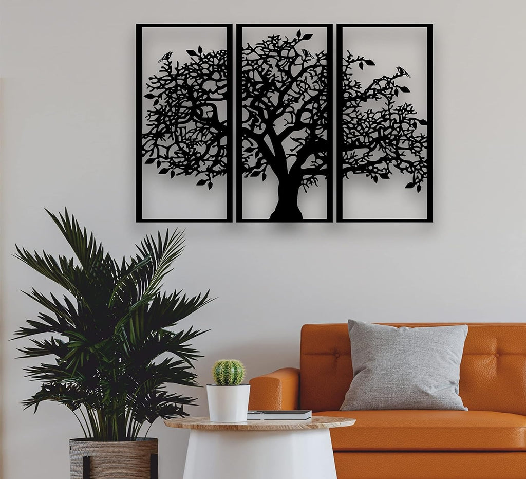 Three-panel Tree of Life metal wall art in black, image 1 of 6