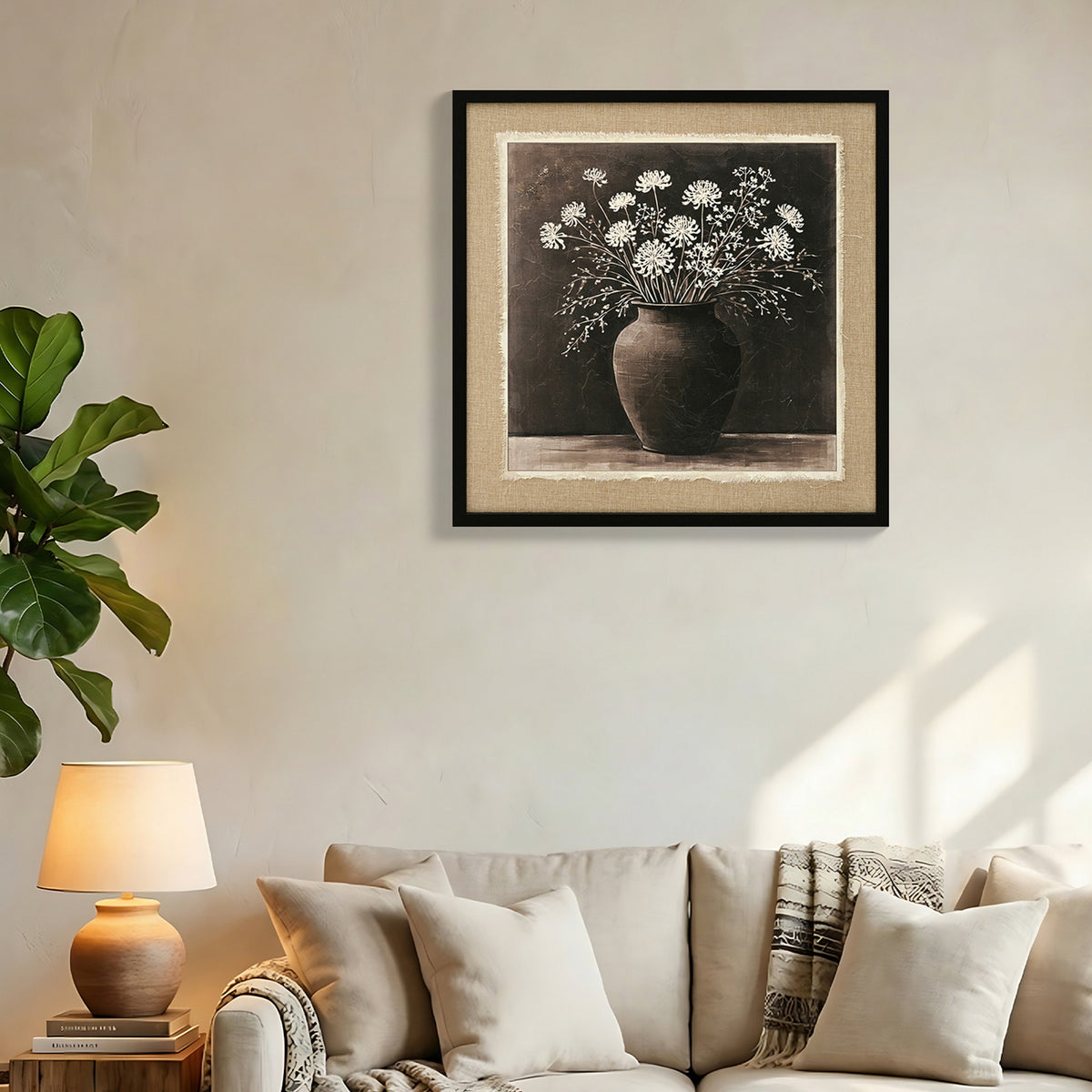 Framed canvas of white flowers in a clay pot, image 2 of 5
