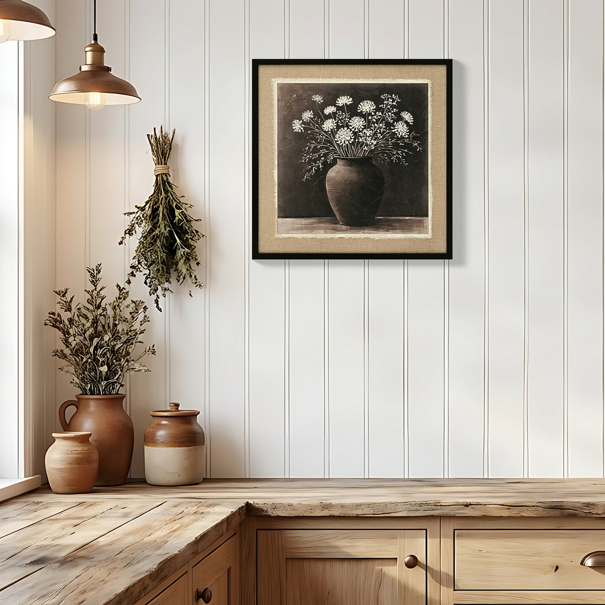 Framed canvas of white flowers in a clay pot, image 3 of 5