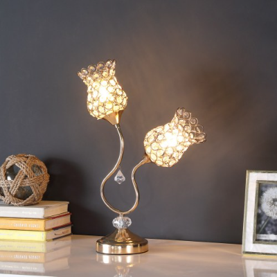 Rose gold crystal tulip two-light table lamp, image 1 of 3