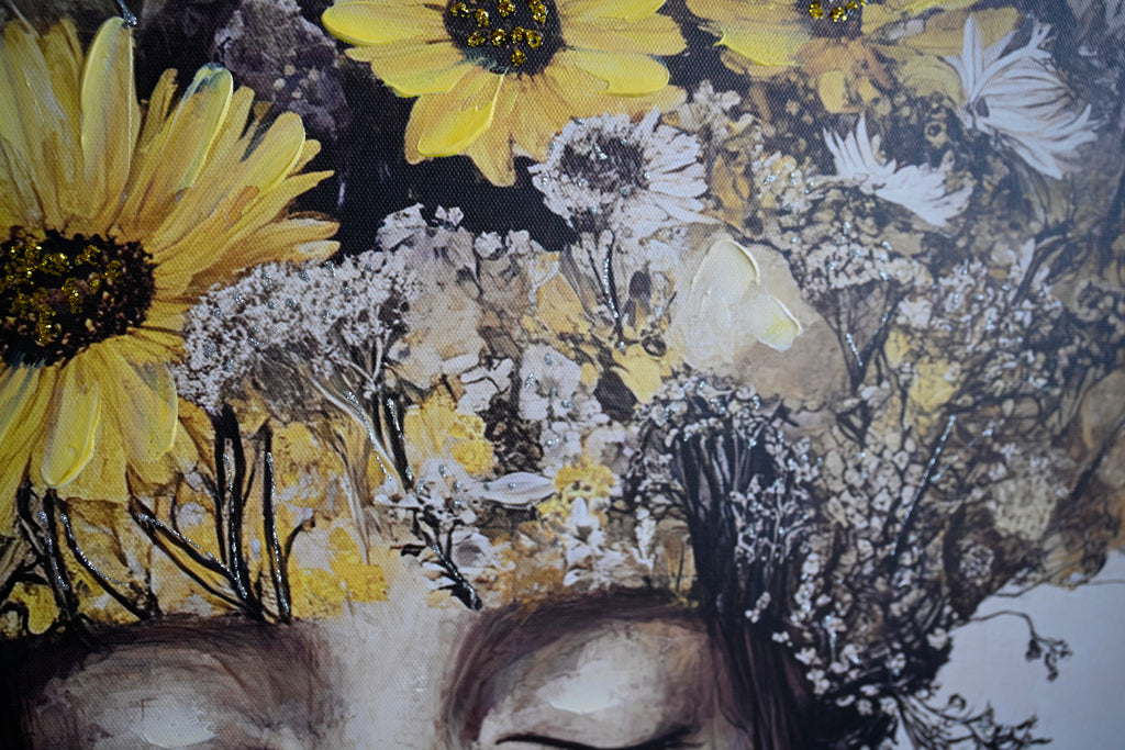 Framed canvas of a woman with yellow sunflowers, image 4 of 4