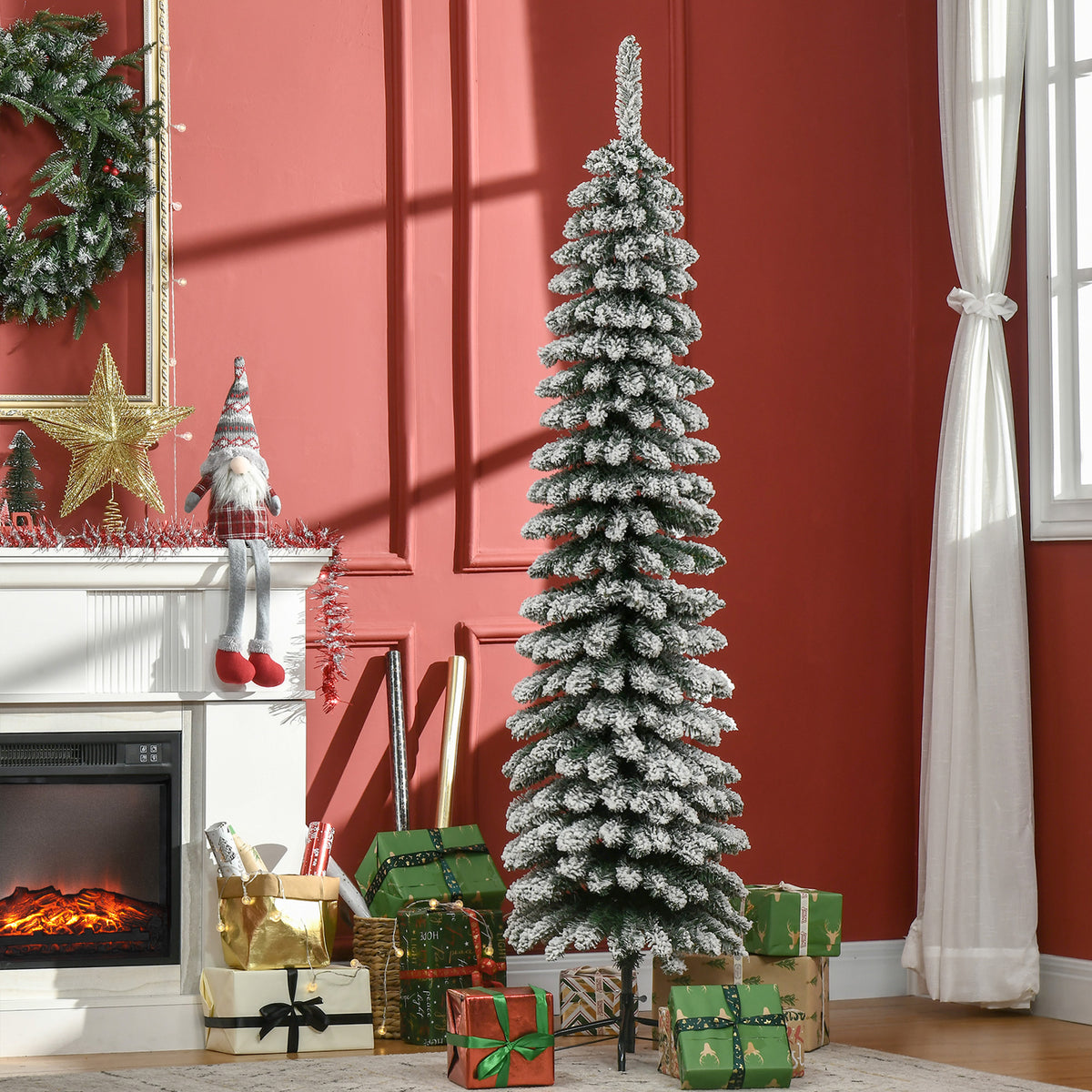 Snow-flocked slim pencil Christmas tree, 6 ft, image 2 of 4
