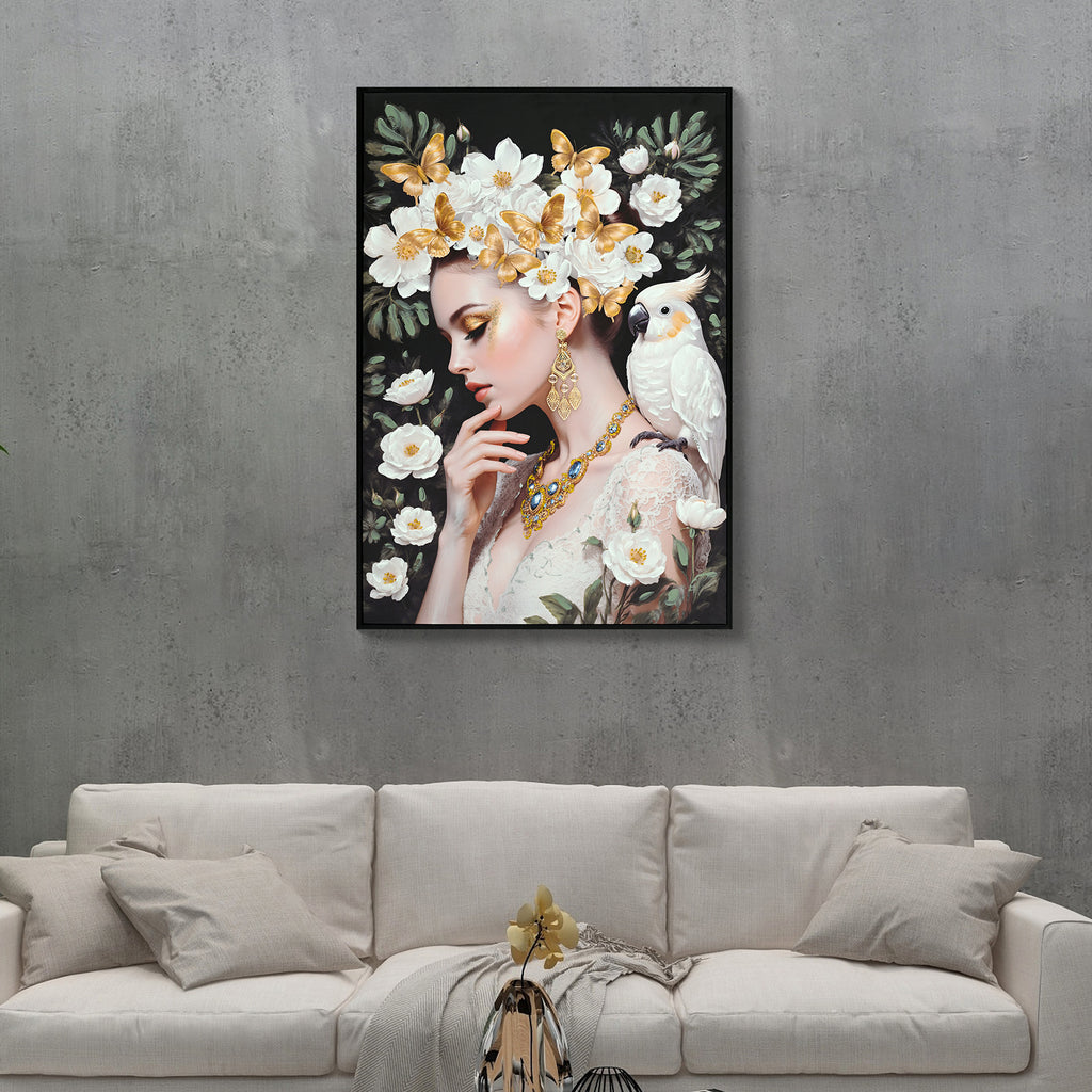 Framed canvas of a woman with white flowers and gold butterflies, image 2 of 4