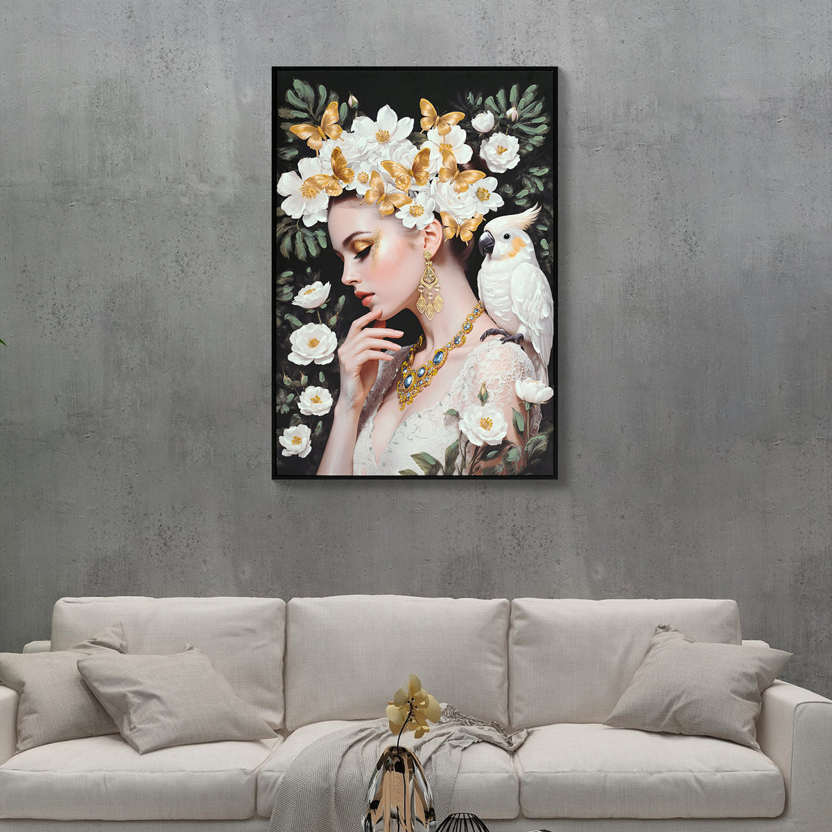 Framed canvas of a woman with white flowers and gold butterflies, image 2 of 4