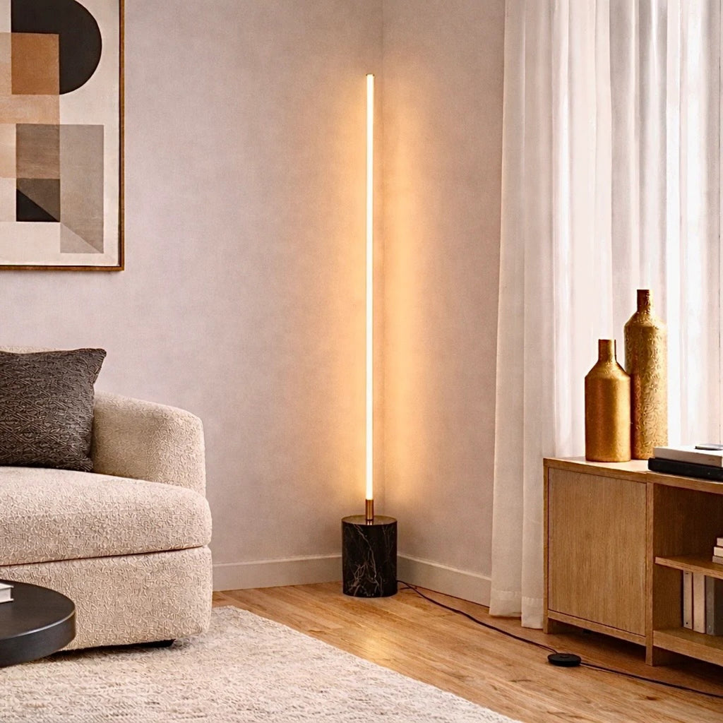 Brass LED light bar floor lamp in a living room corner, image 2 of 4