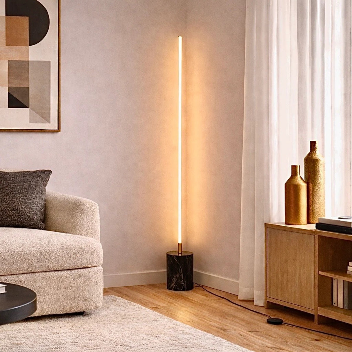 Brass LED light bar floor lamp in a living room corner, image 2 of 4