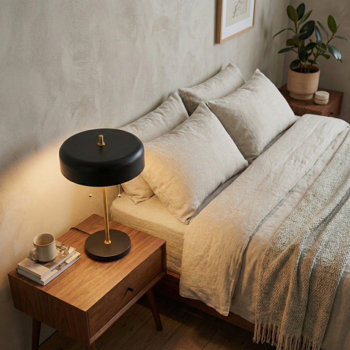 Black drum table lamp with brass stem and pull chains, image 2 of 5