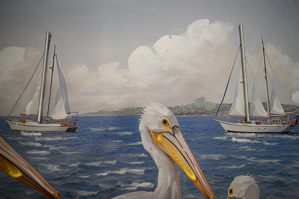 Pelicans on a dock coastal canvas wall art, image 2 of 5