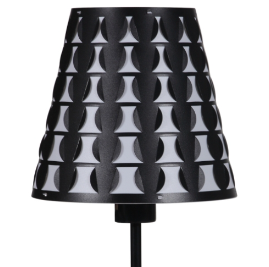 Black geometric metal table lamp with circle-pattern shade, image 3 of 5