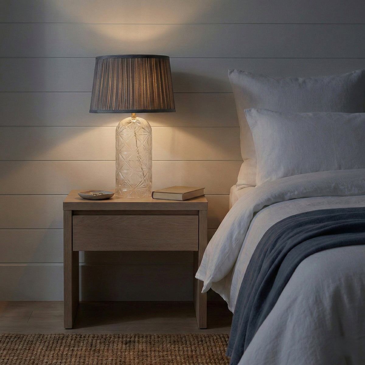Cut glass table lamp with pleated gray shade, image 1 of 5