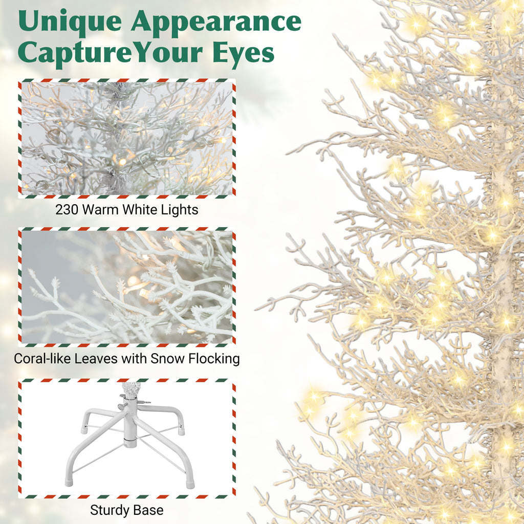 White flocked pre-lit Aspen fir tree by a fireplace, image 4 of 4