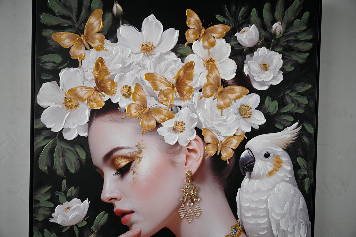 Framed canvas of a woman with white flowers and gold butterflies, image 3 of 4