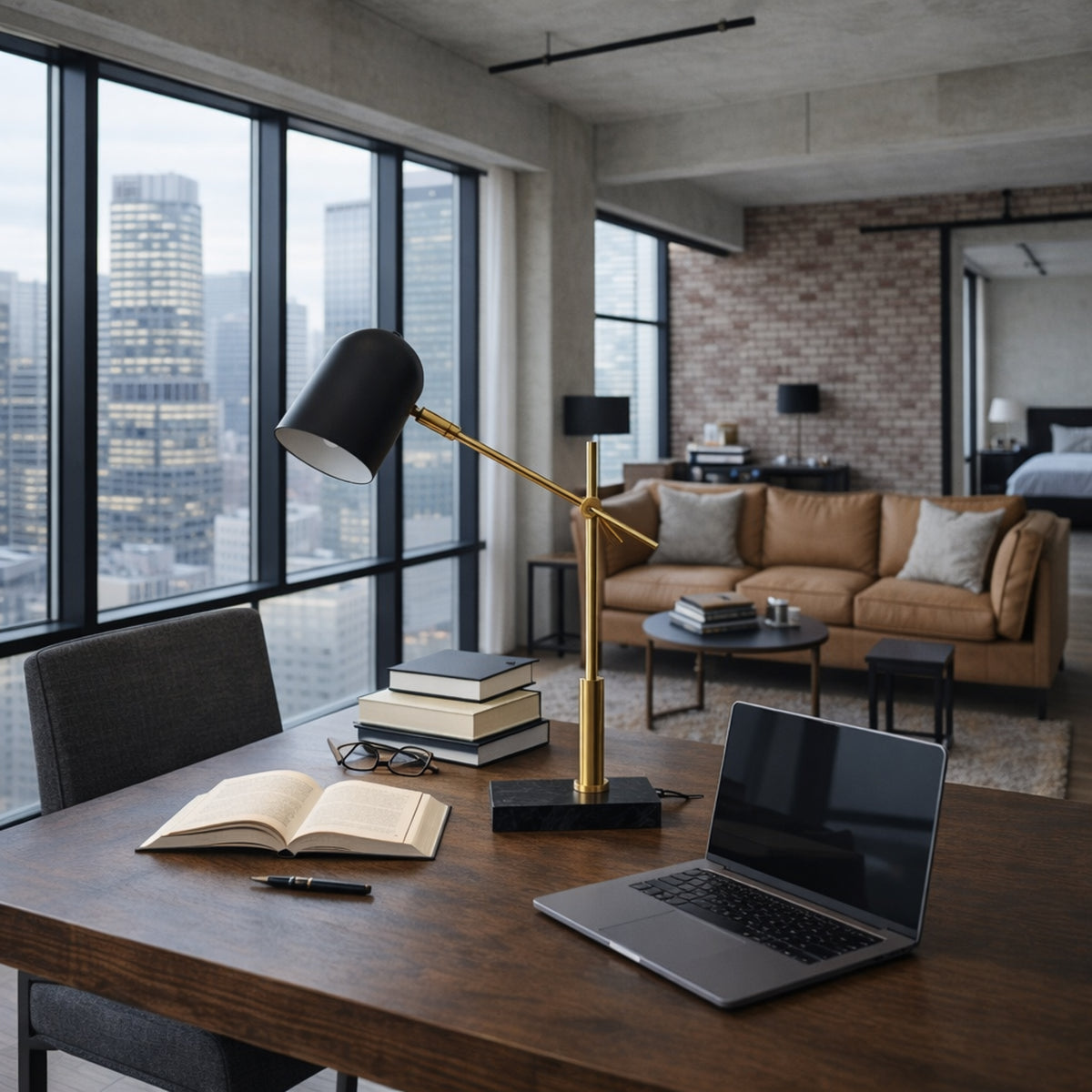 Black dome desk lamp with brass arm on a marble base, image 3 of 5