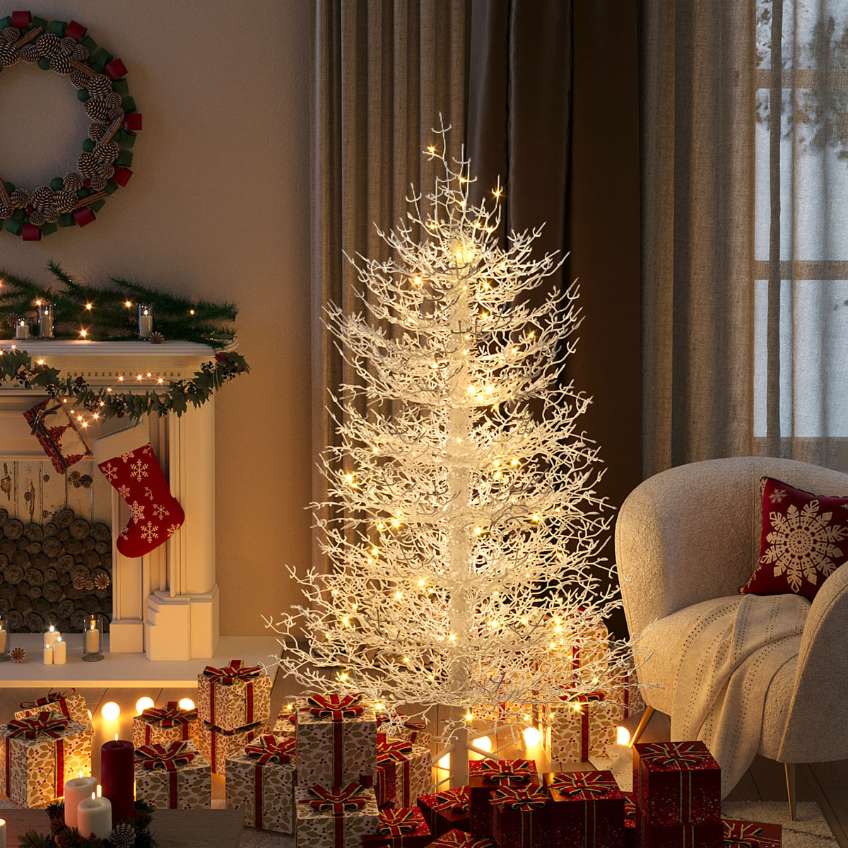 White flocked pre-lit Aspen fir tree by a fireplace, image 2 of 4