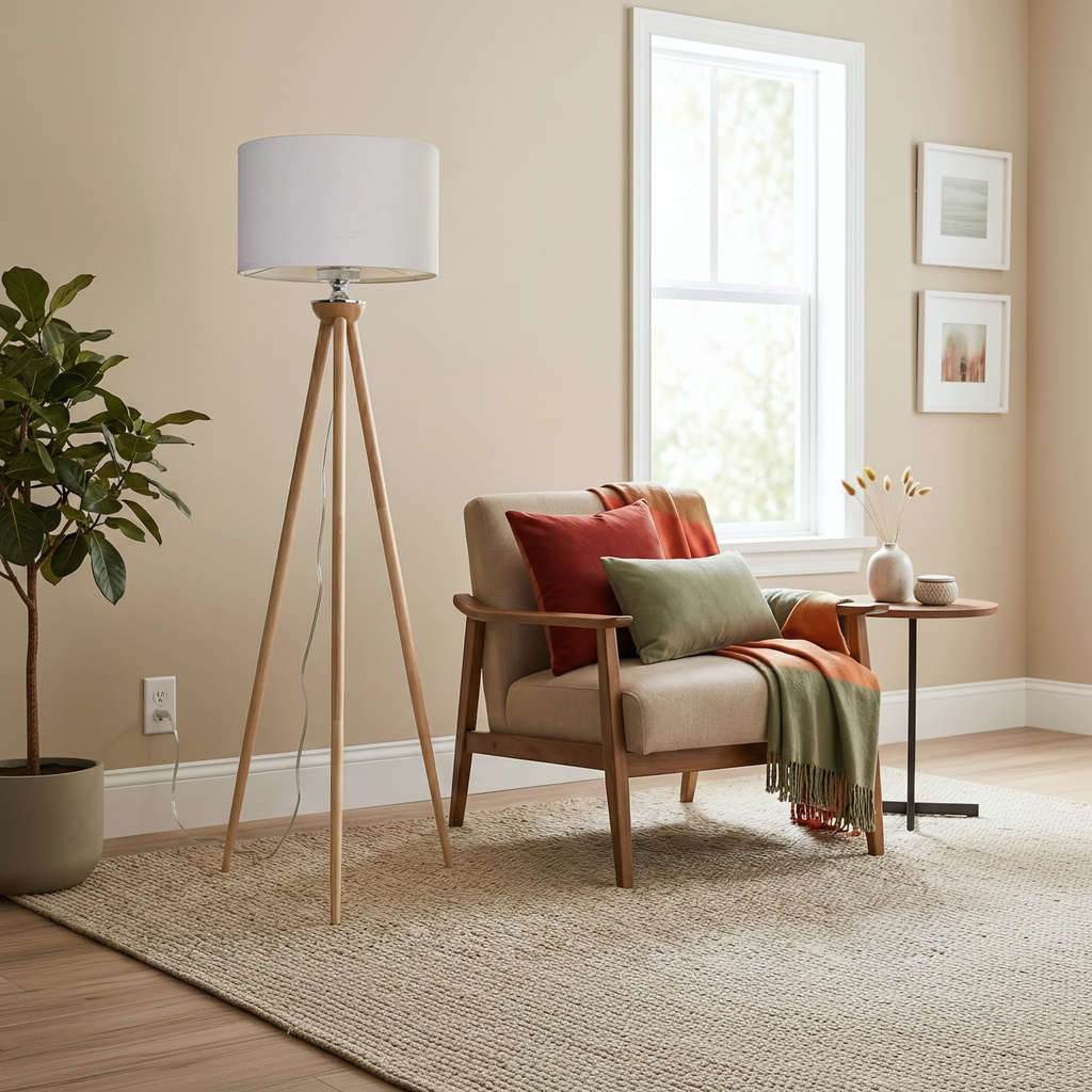 Wood tripod floor lamp with drum shade, image 2 of 5