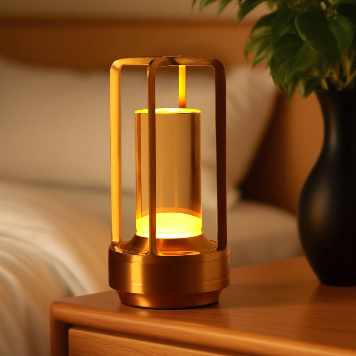 Gold cordless lantern table lamp with clear shade, image 1 of 5