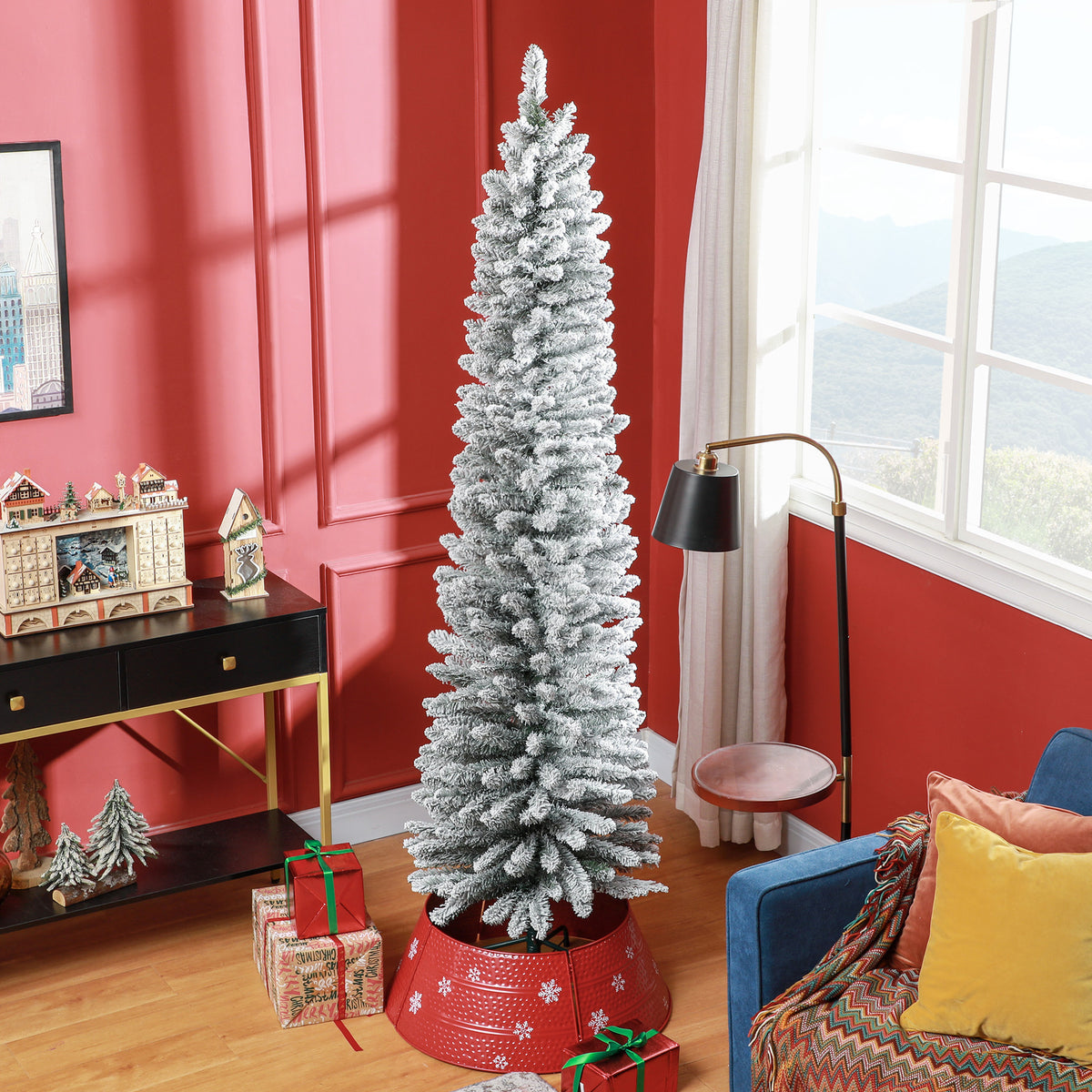 Snow-flocked slim pencil Christmas tree, 7 ft, image 2 of 4