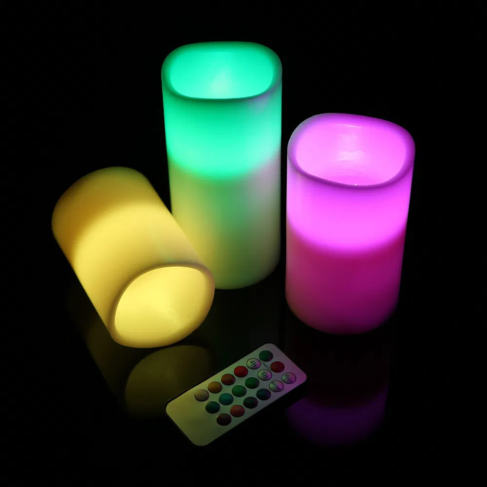 Set of three ivory flameless LED pillar candles with remote, image 1 of 6