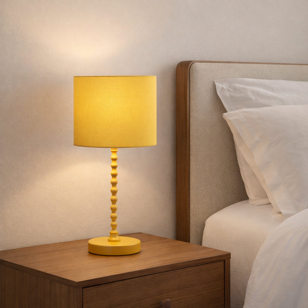 Ochre bobbin table lamp with linen-look shade, image 1 of 3