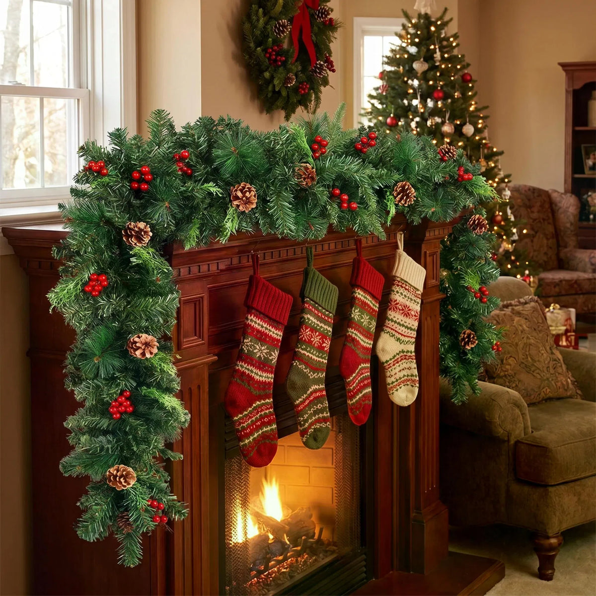 Pine Christmas garland with red berries and pine cones on a mantel, image 1 of 4
