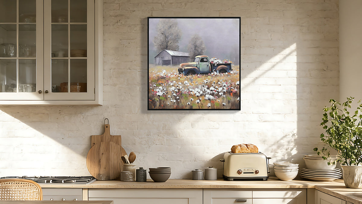 Framed canvas of a vintage truck and barn in a flower field, image 2 of 4