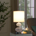 Chrome crystal-bead table lamp with white drum shade, image 1 of 3