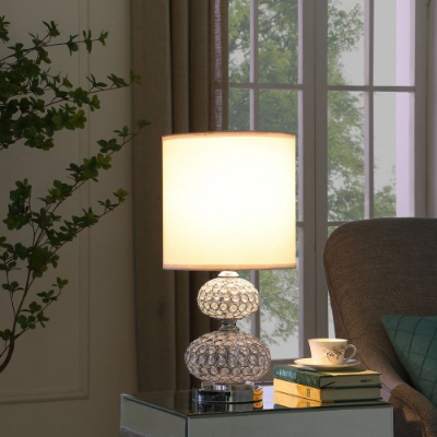 Chrome crystal-bead table lamp with white drum shade, image 1 of 3