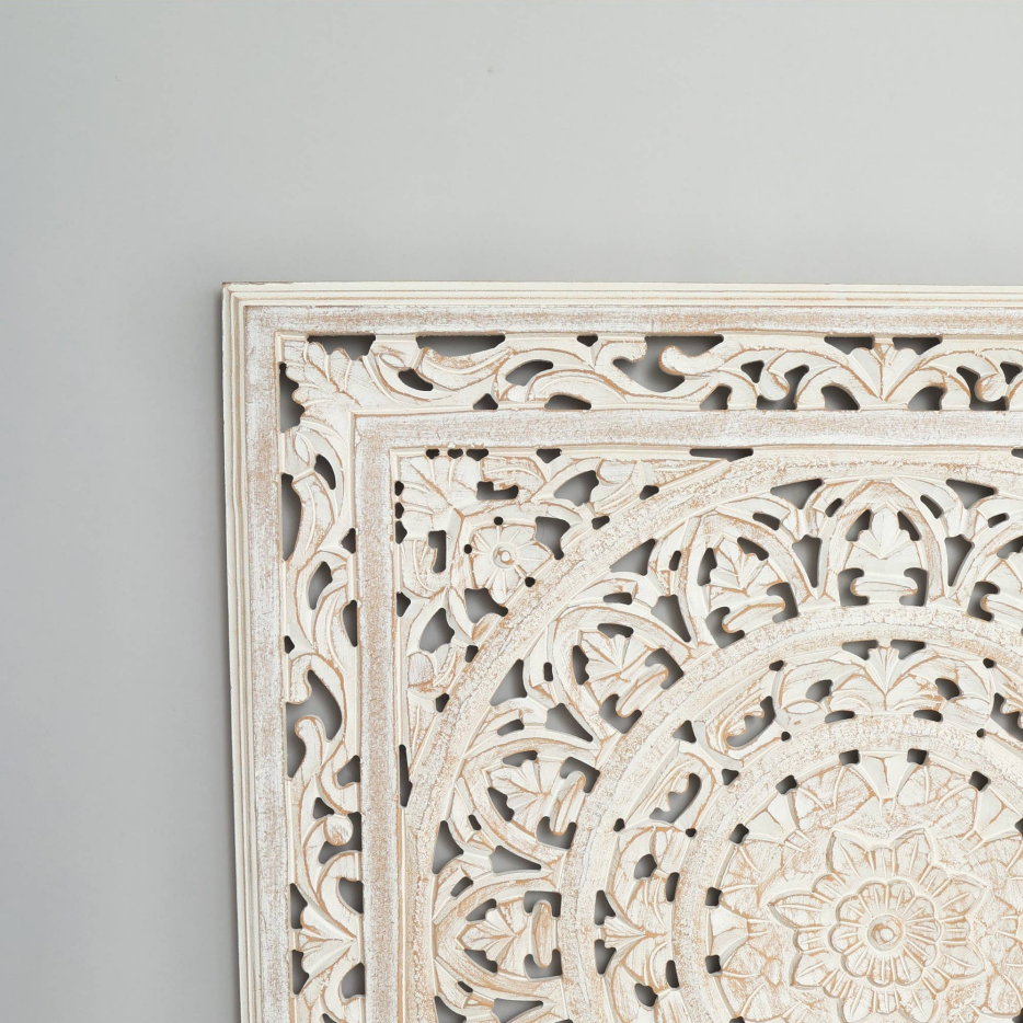 Hand-carved whitewashed wood medallion wall panel, image 2 of 3