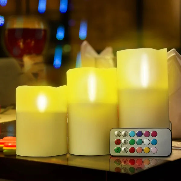 Set of three ivory flameless LED pillar candles with remote, image 3 of 6