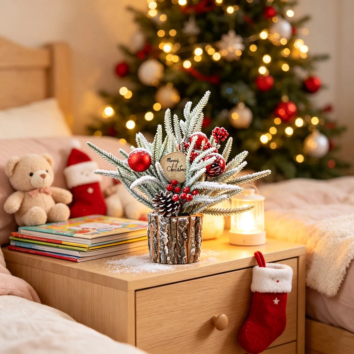 Frosted tabletop Christmas tree in a bark pot, image 4 of 6