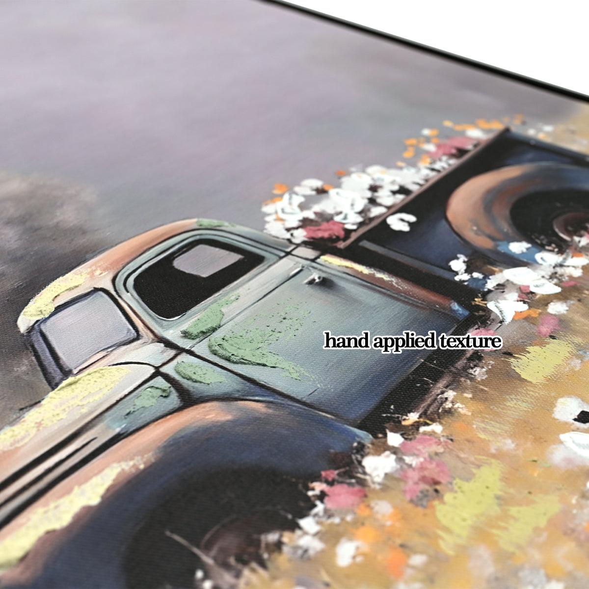 Framed canvas of a vintage truck and barn in a flower field, image 3 of 4