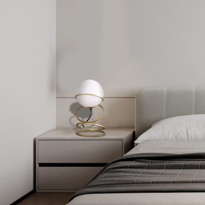 White glass globe table lamp on a matte gold spiral stand, image 5 of 5